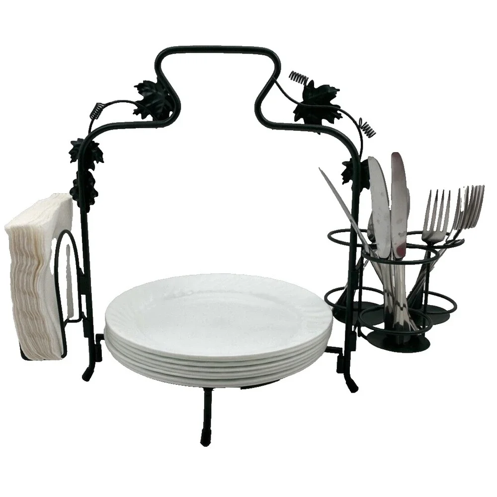 Buffet Plate or Pie Caddy with Utensils & Napkin Holder Green Grapevine Motif